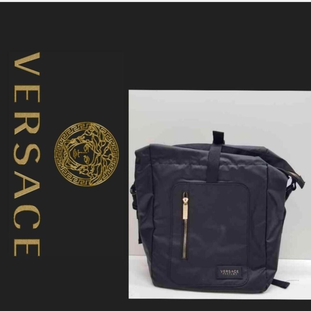 New Versace Perfums Rider Nylon Black Backpack Gold Greek Key Greca Straps